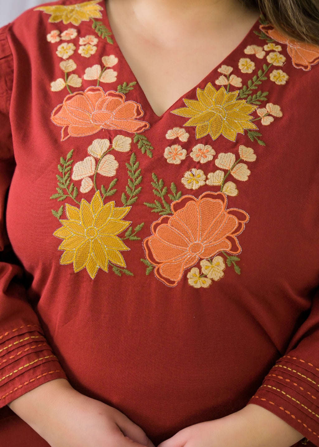 Floral Embroidered V-Neck Kurta Pant Set