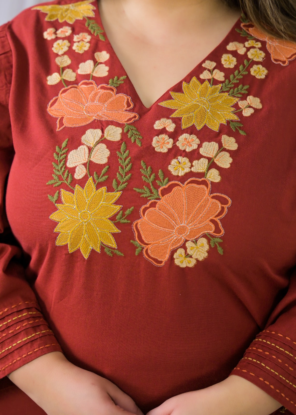 Floral Embroidered V-Neck Kurta Pant Set