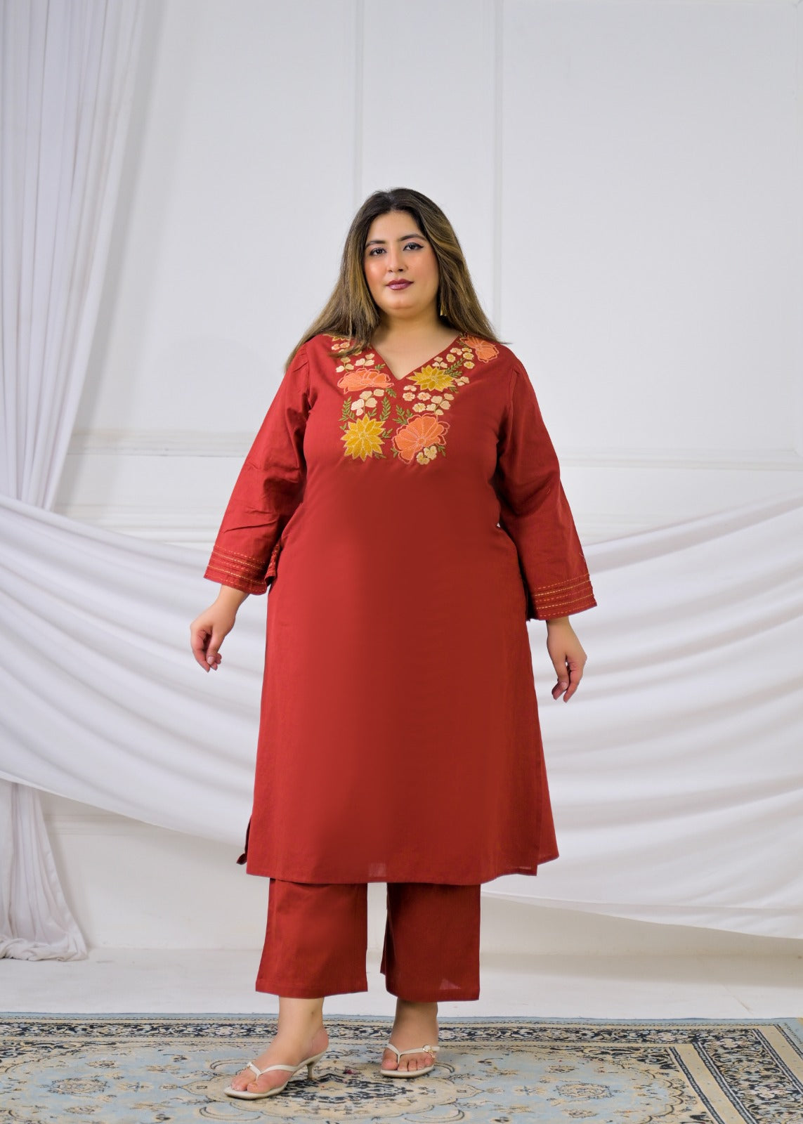 Floral Embroidered V-Neck Kurta Pant Set