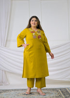 Floral Embroidered V-Neck Kurta Pant Set