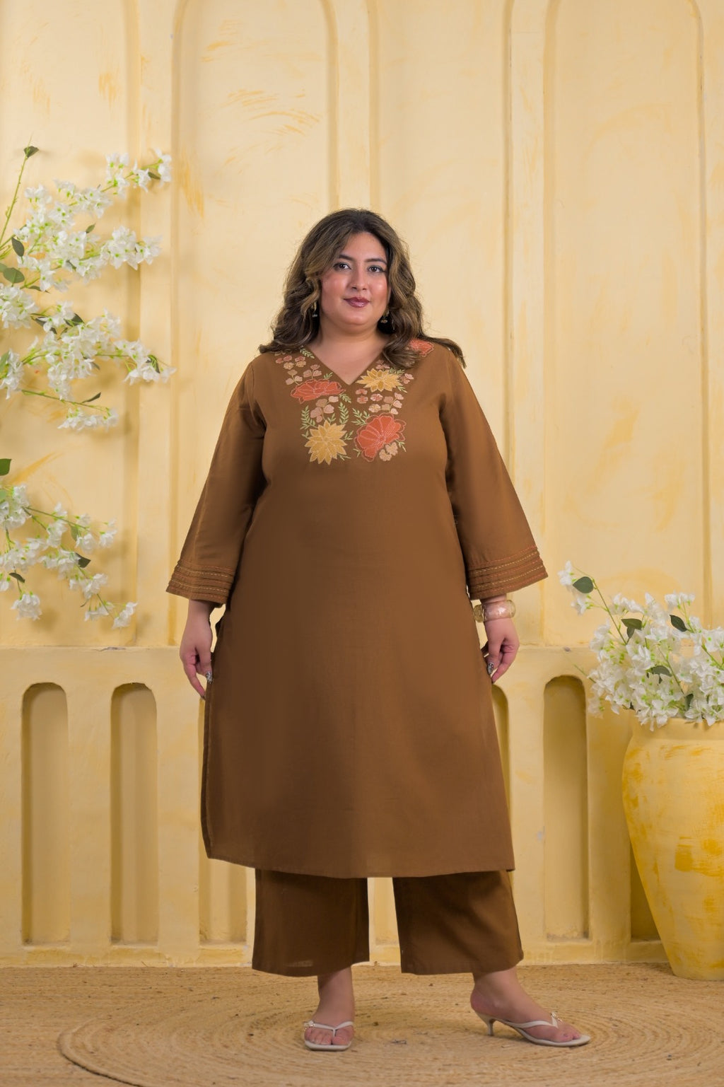 Floral Embroidered V-Neck Kurta Pant Set