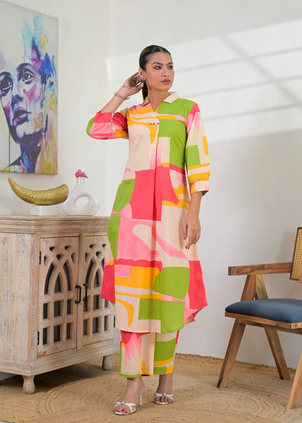 Multicolor Abstract Print Shirt-Style Co-ord Set