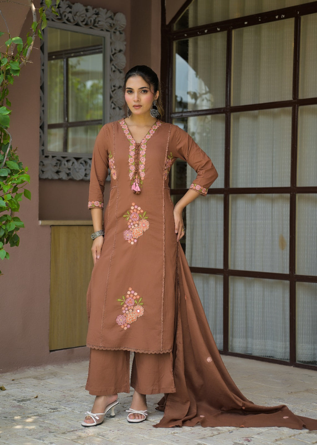Floral Embroidered Anarkali Kurta with Dupatta & Bottom Set