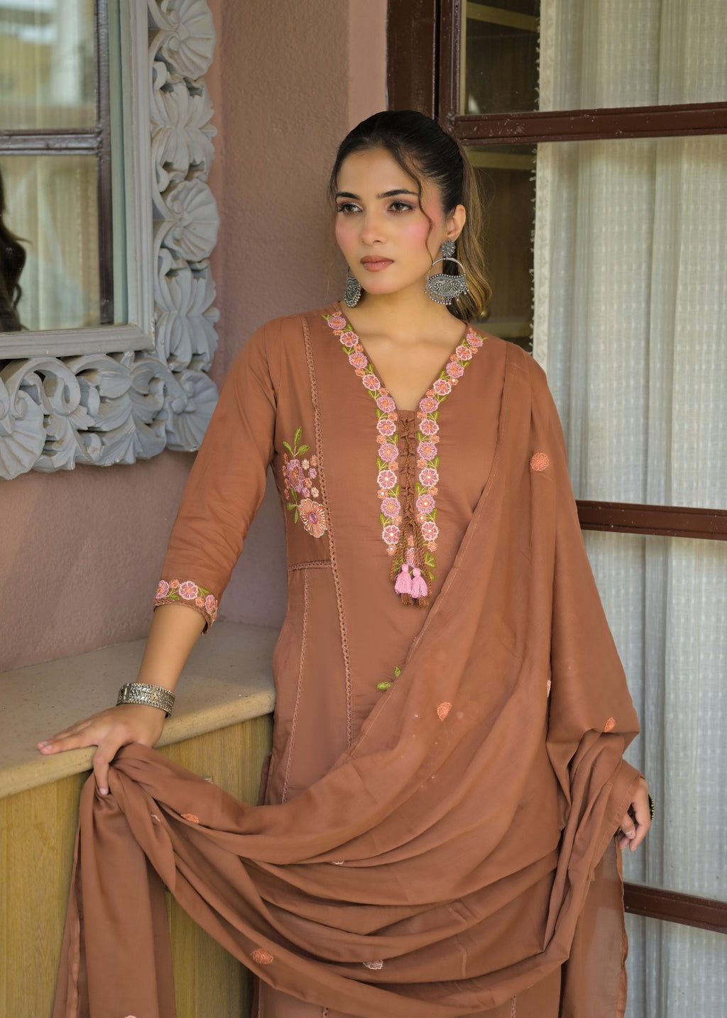Floral Embroidered Anarkali Kurta with Dupatta & Bottom Set