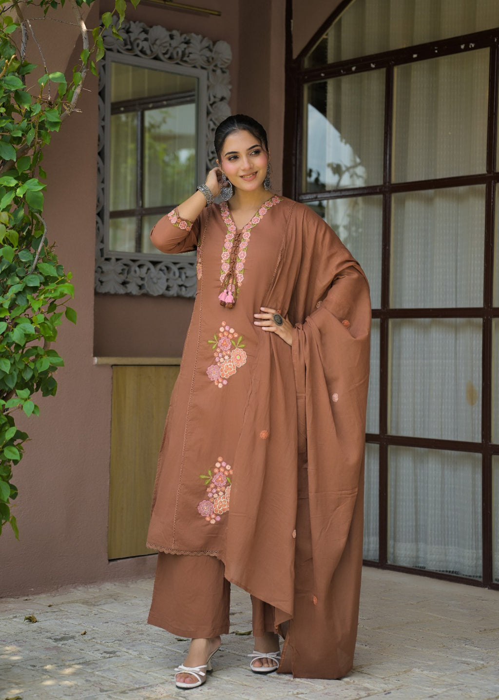 Floral Embroidered Anarkali Kurta with Dupatta & Bottom Set