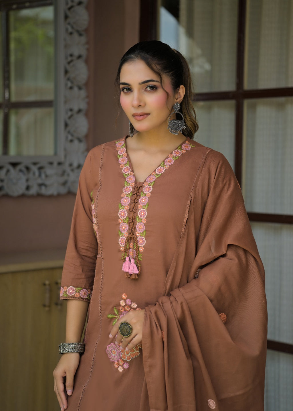 Floral Embroidered Anarkali Kurta with Dupatta & Bottom Set