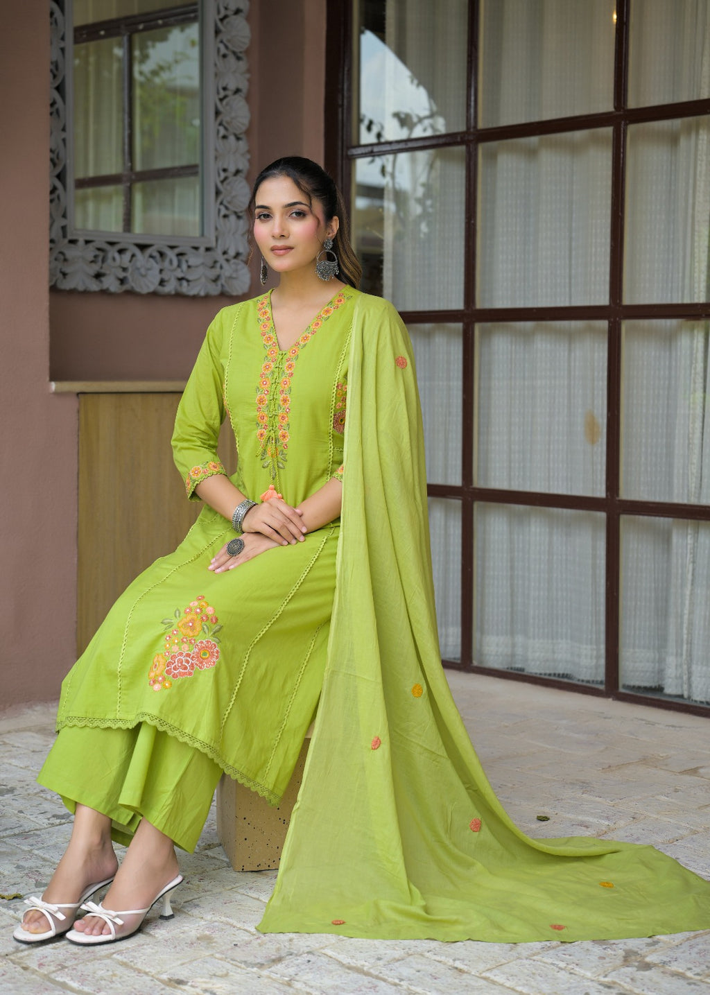 Floral Embroidered Anarkali Kurta with Dupatta & Bottom Set