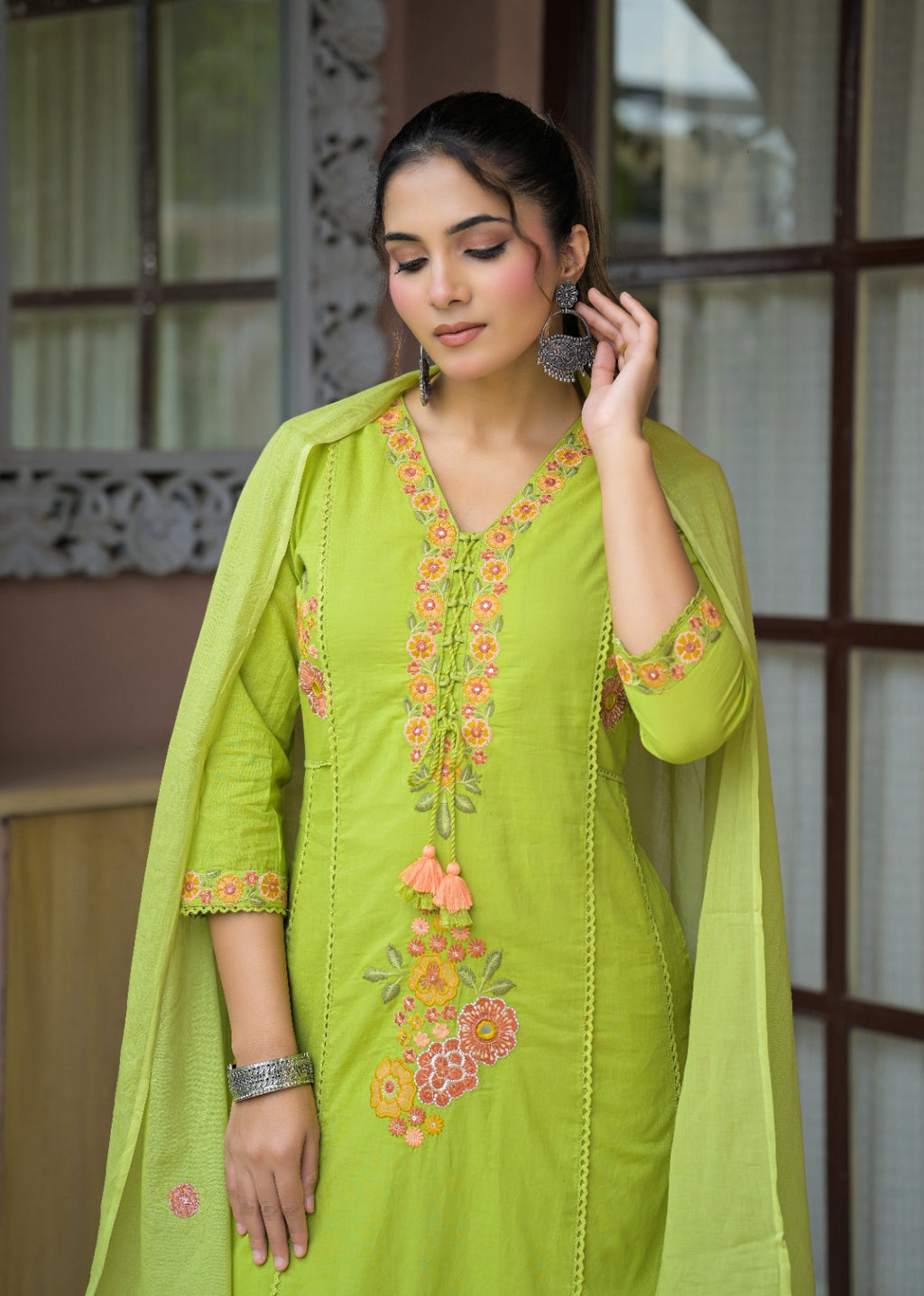 Floral Embroidered Anarkali Kurta with Dupatta & Bottom Set