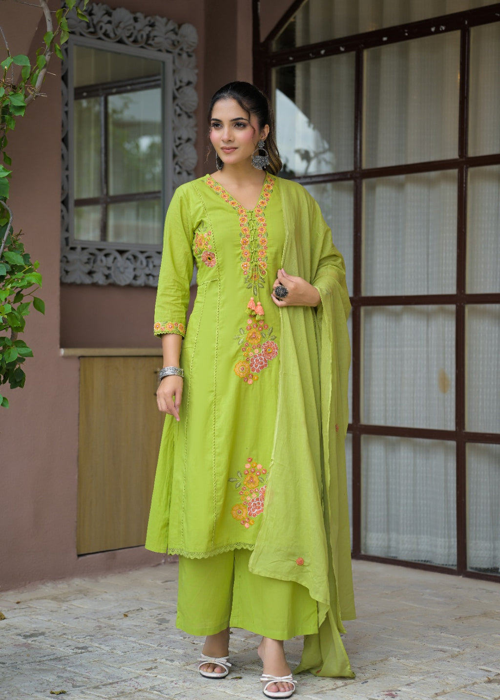 Floral Embroidered Anarkali Kurta with Dupatta & Bottom Set