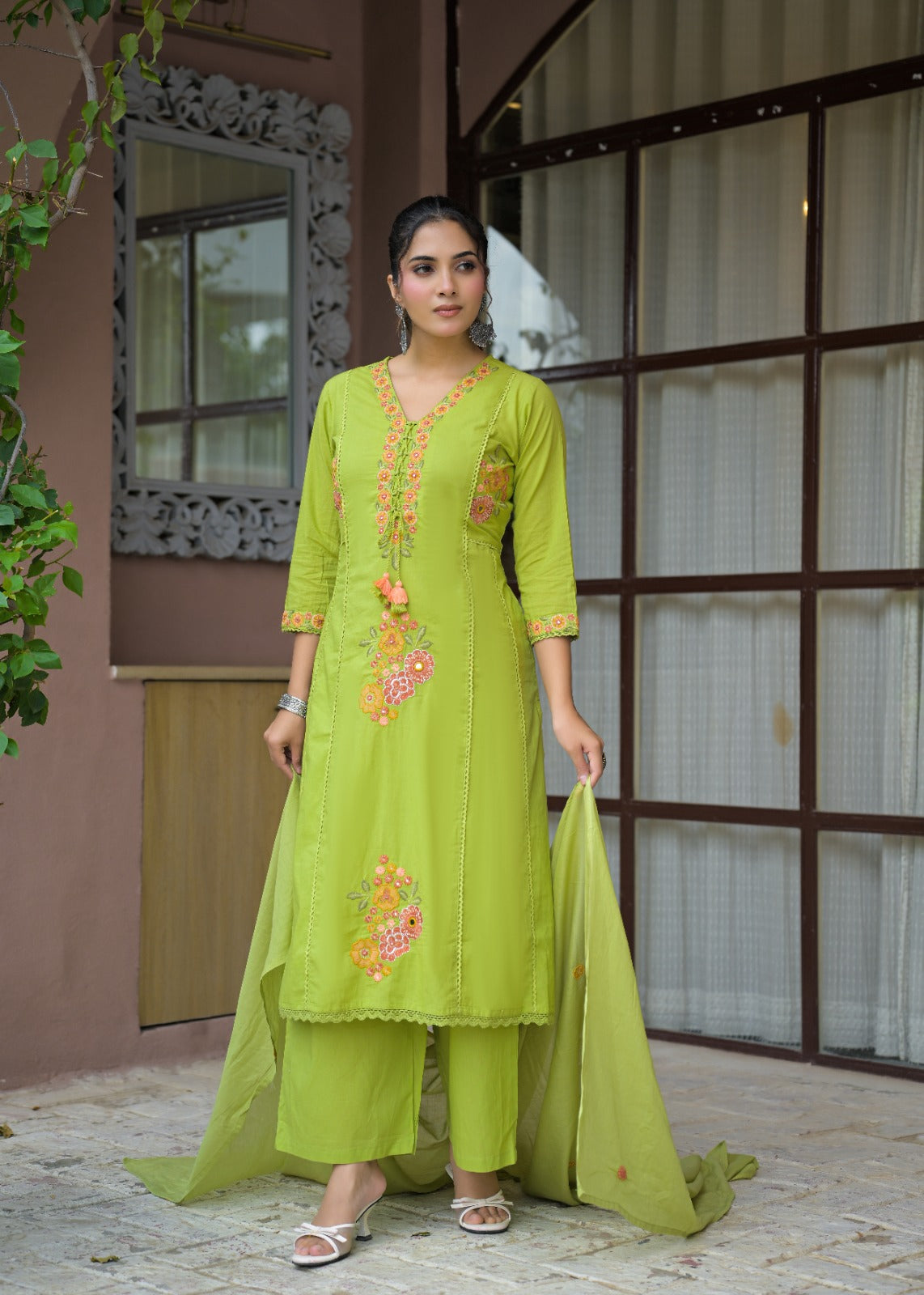 Floral Embroidered Anarkali Kurta with Dupatta & Bottom Set