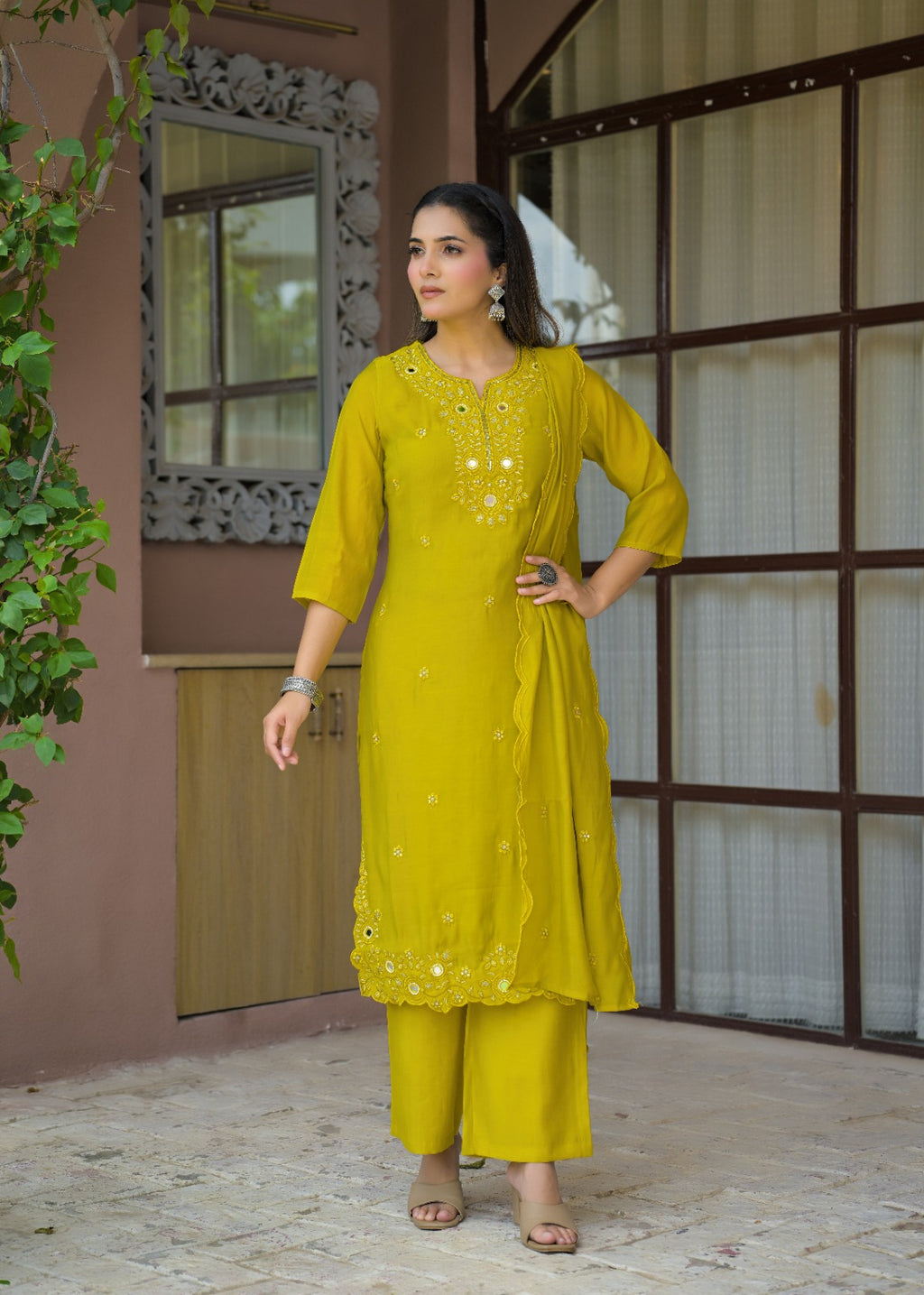 Women’s Mirror Embroidered Straight Kurta with Pant & Dupatta Set