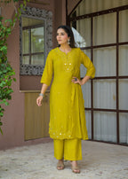 Women’s Mirror Embroidered Straight Kurta with Pant & Dupatta Set