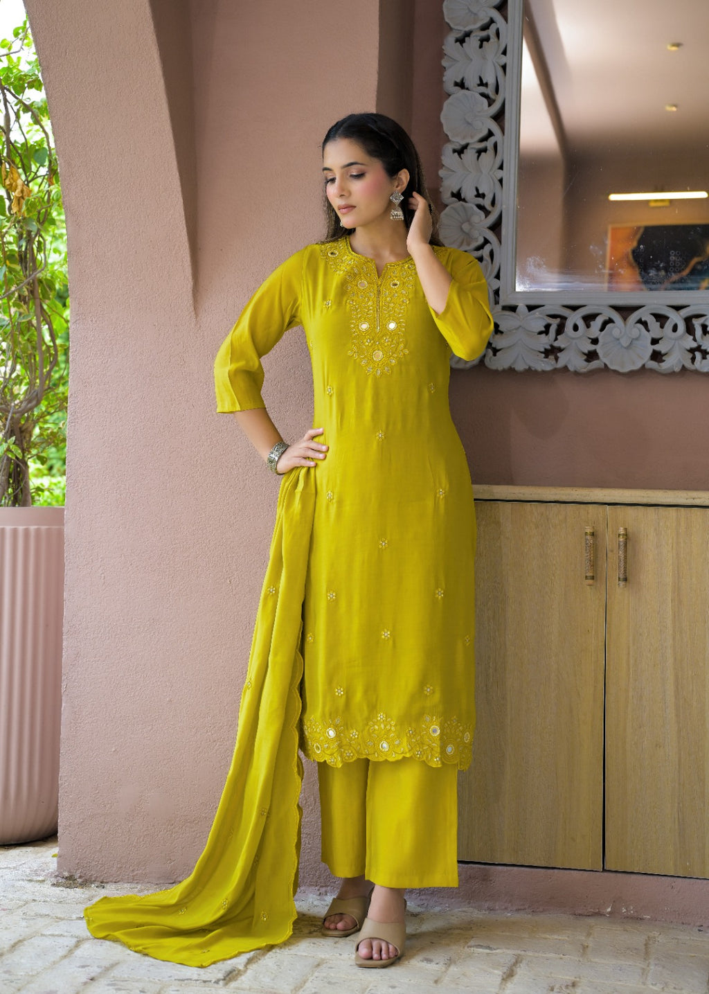 Women’s Mirror Embroidered Straight Kurta with Pant & Dupatta Set