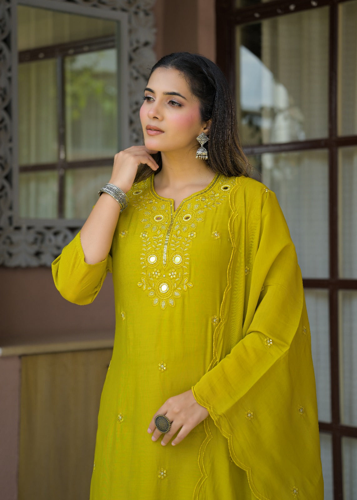 Women’s Mirror Embroidered Straight Kurta with Pant & Dupatta Set