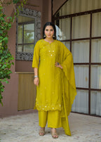 Women’s Mirror Embroidered Straight Kurta with Pant & Dupatta Set
