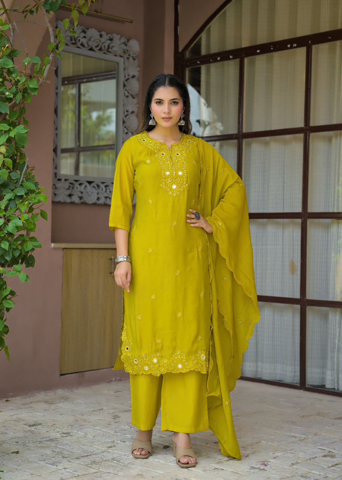 Women’s Mirror Embroidered Straight Kurta with Pant & Dupatta Set