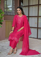 Women’s Mirror Embroidered Straight Kurta with Pant & Dupatta Set