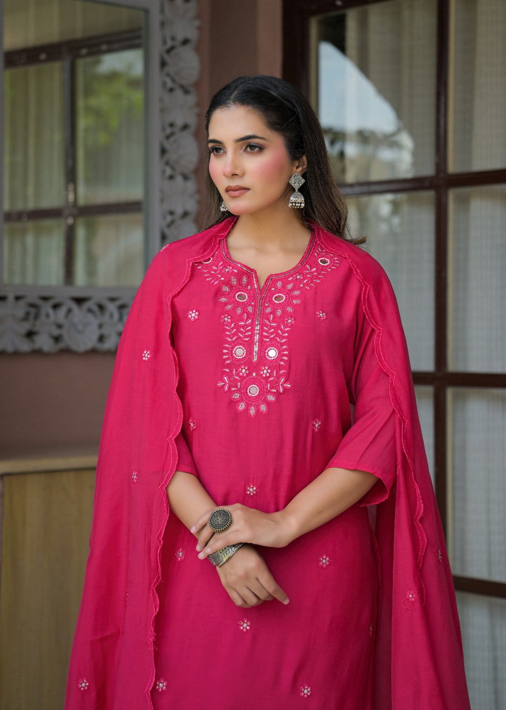 Women’s Mirror Embroidered Straight Kurta with Pant & Dupatta Set