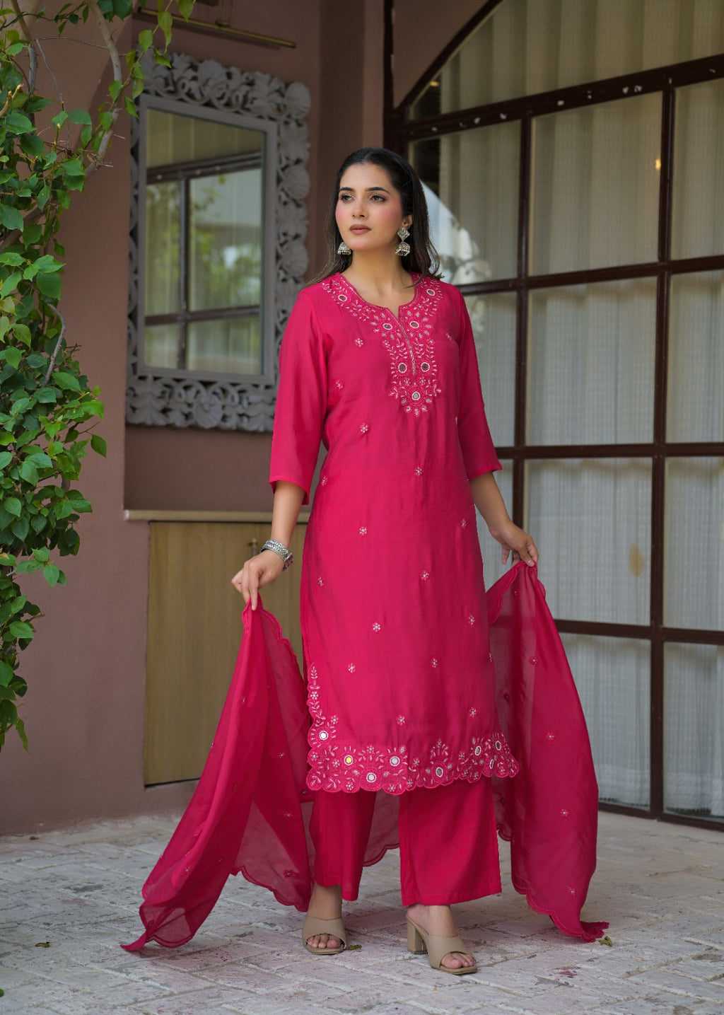 Women’s Mirror Embroidered Straight Kurta with Pant & Dupatta Set