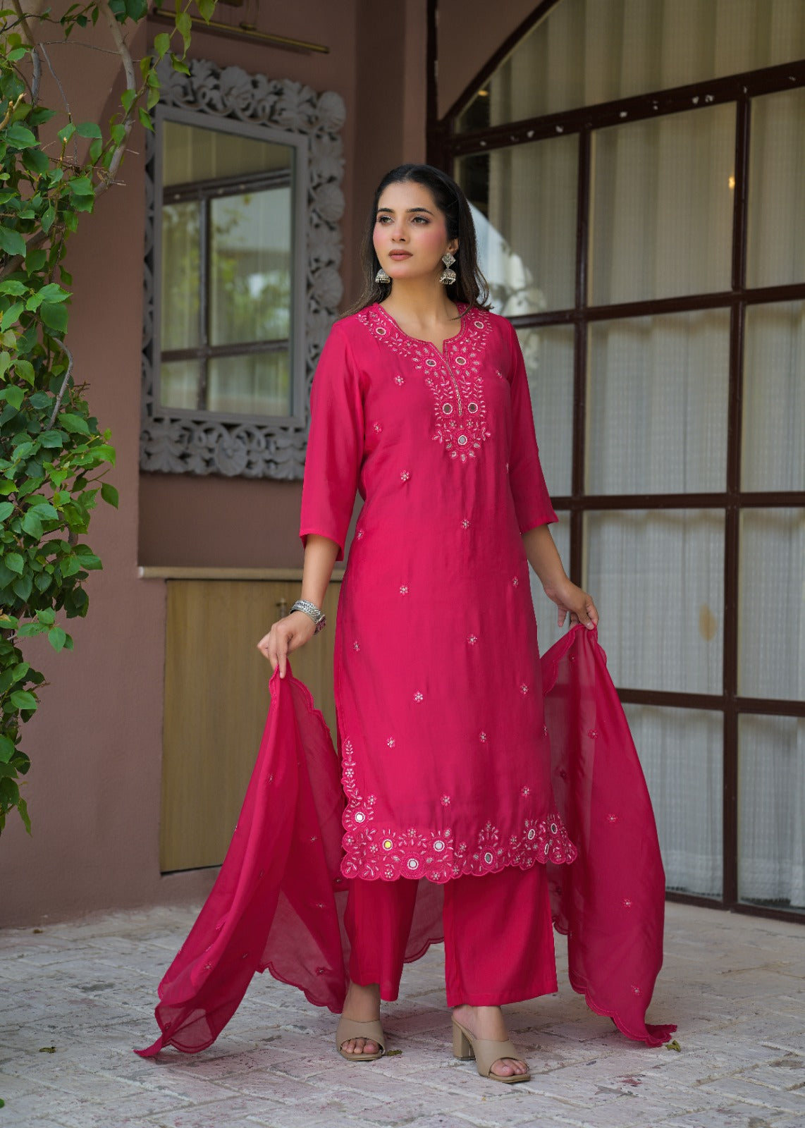 Women’s Mirror Embroidered Straight Kurta with Pant & Dupatta Set