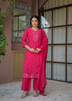 Women’s Mirror Embroidered Straight Kurta with Pant & Dupatta Set