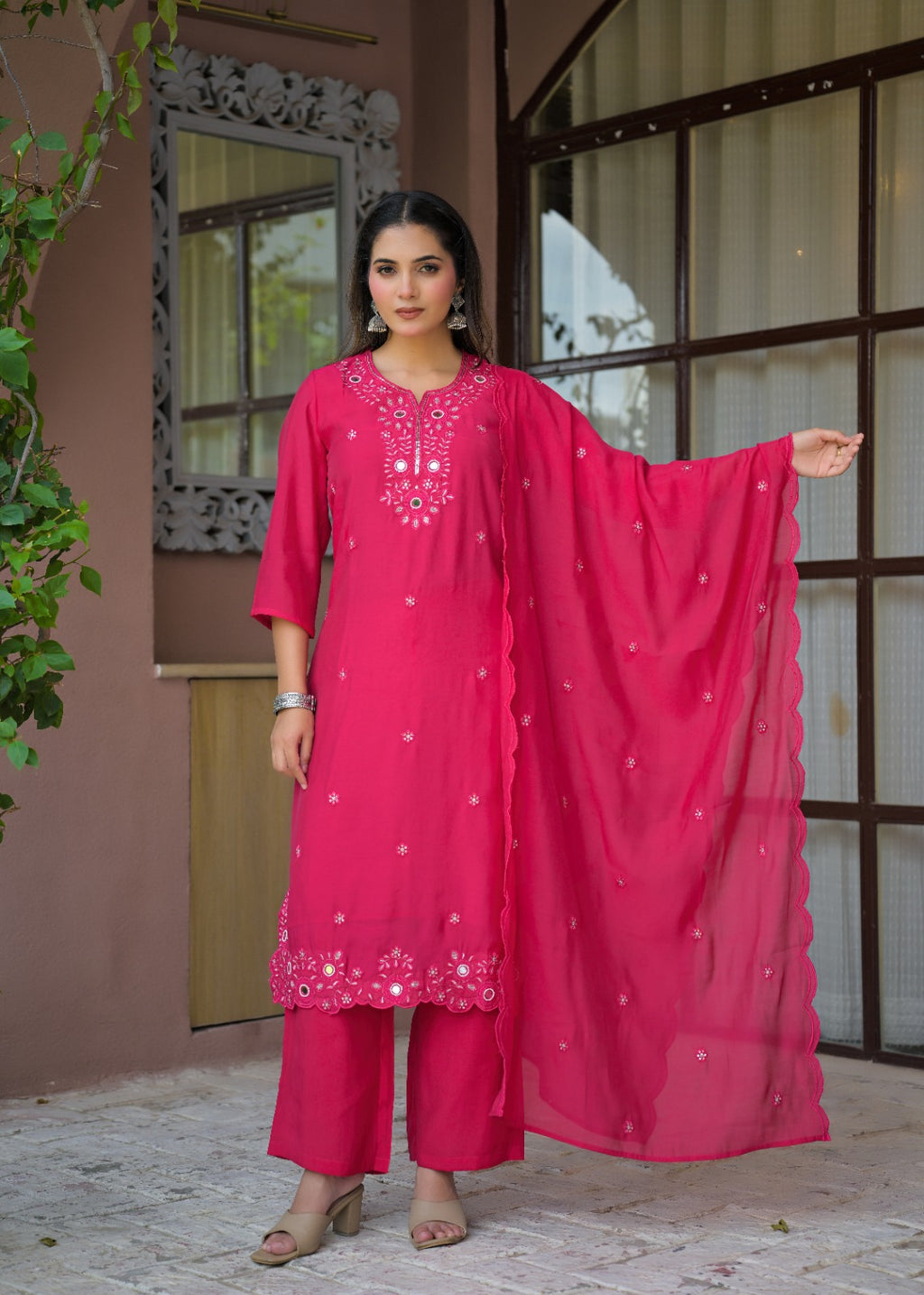 Women’s Mirror Embroidered Straight Kurta with Pant & Dupatta Set