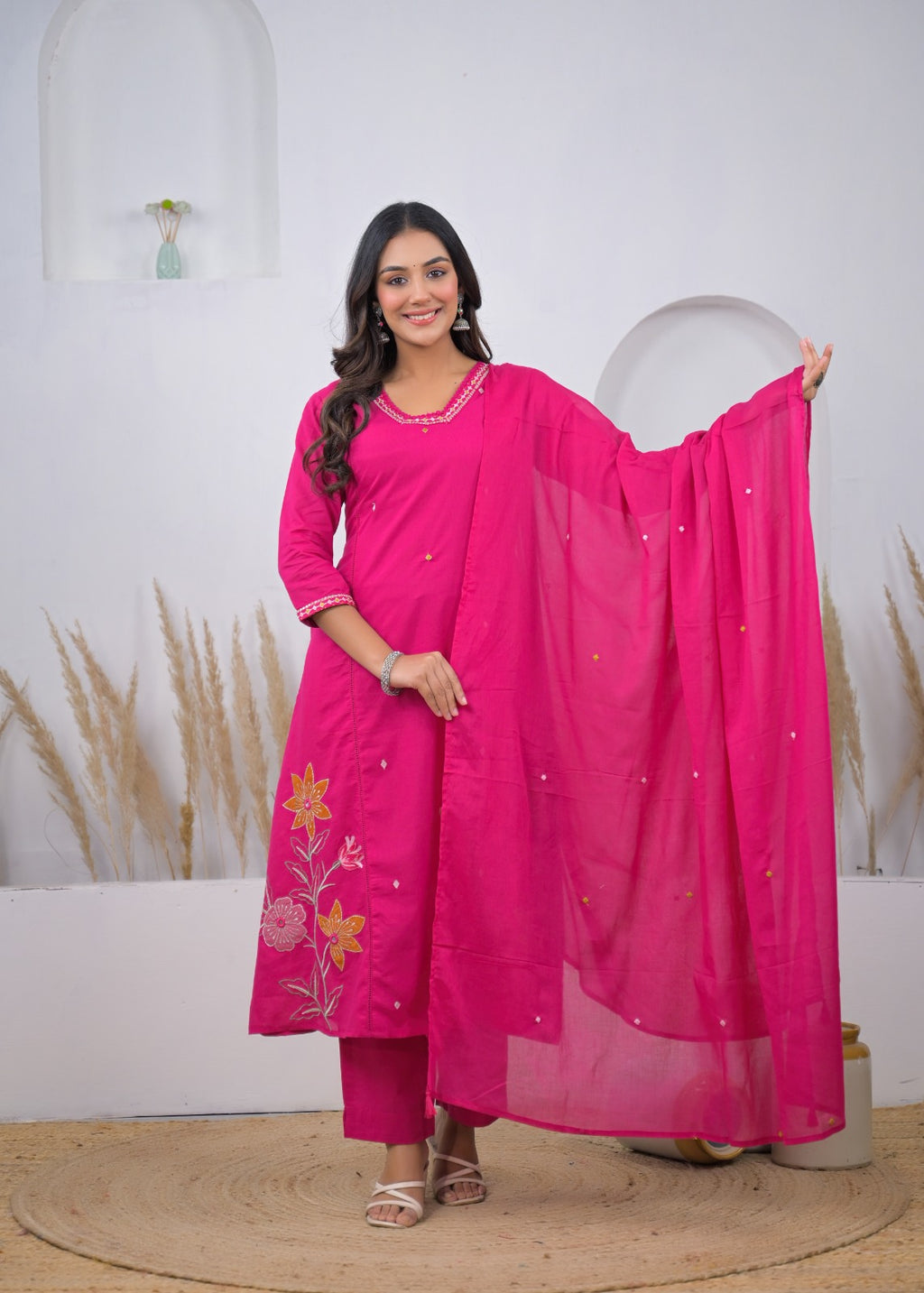 Embroidered Straight Kurta Pant Set with Dupatta