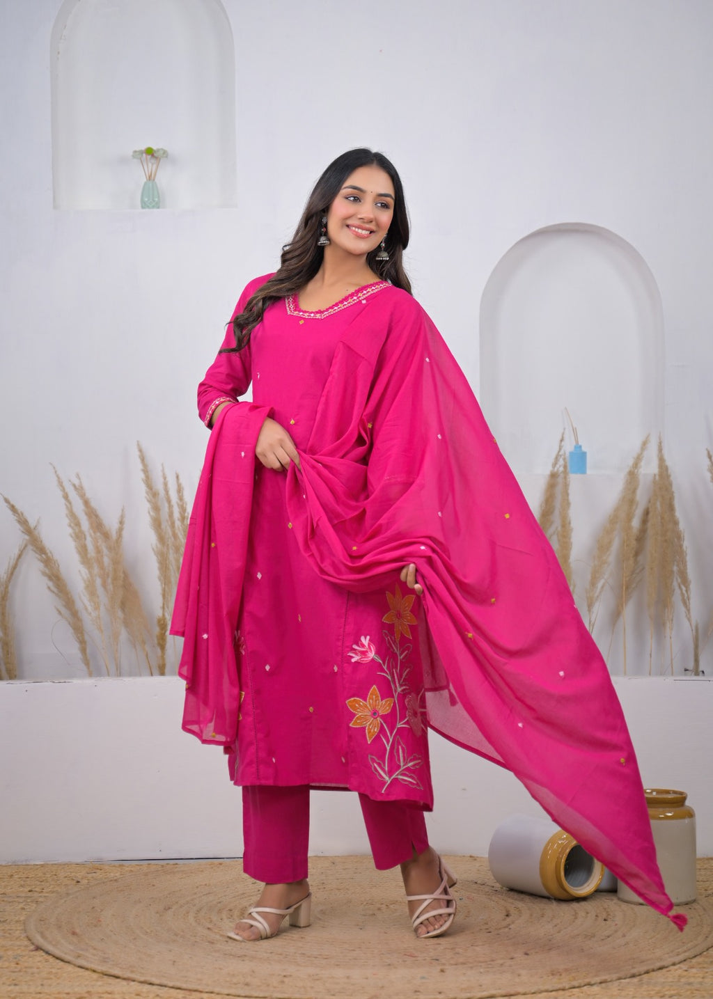 Embroidered Straight Kurta Pant Set with Dupatta
