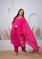 Embroidered Straight Kurta Pant Set with Dupatta