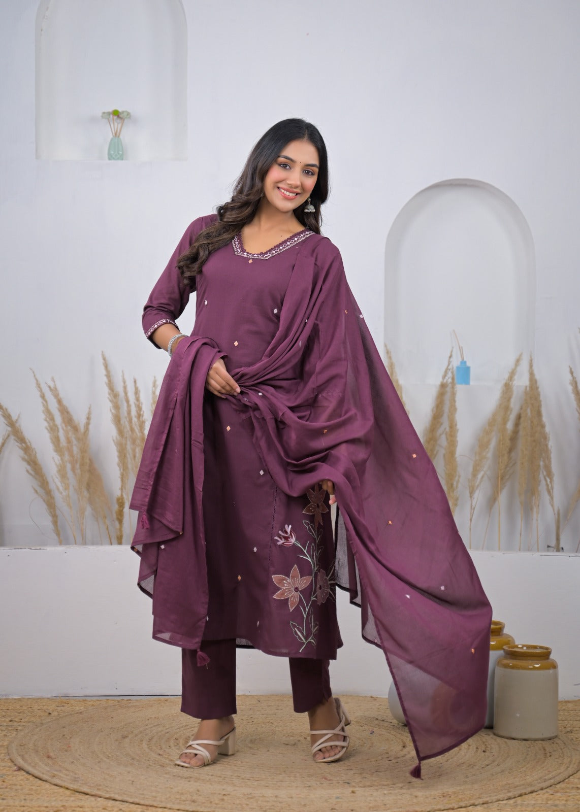 Embroidered Straight Kurta Pant Set with Dupatta