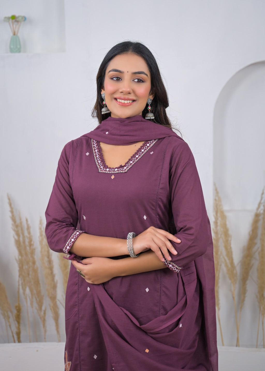 Embroidered Straight Kurta Pant Set with Dupatta