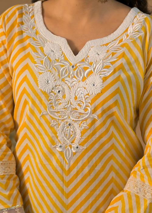 Chevron Print Embroidered 3-Piece Kurta Set with Dupatta