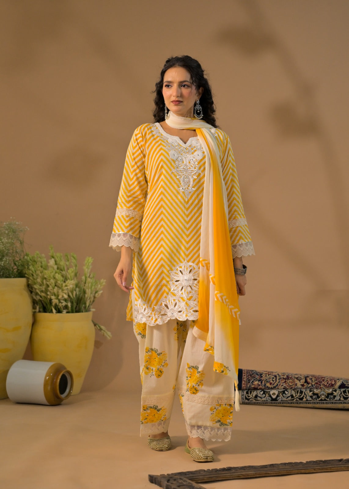 Chevron Print Embroidered 3-Piece Kurta Set with Dupatta