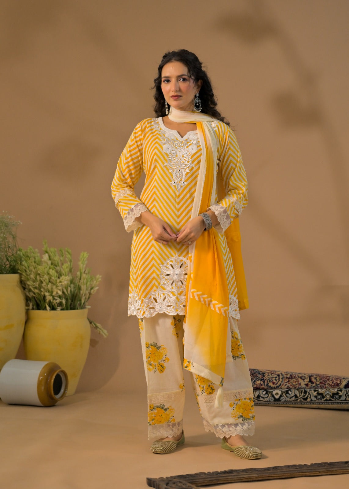 Chevron Print Embroidered 3-Piece Kurta Set with Dupatta