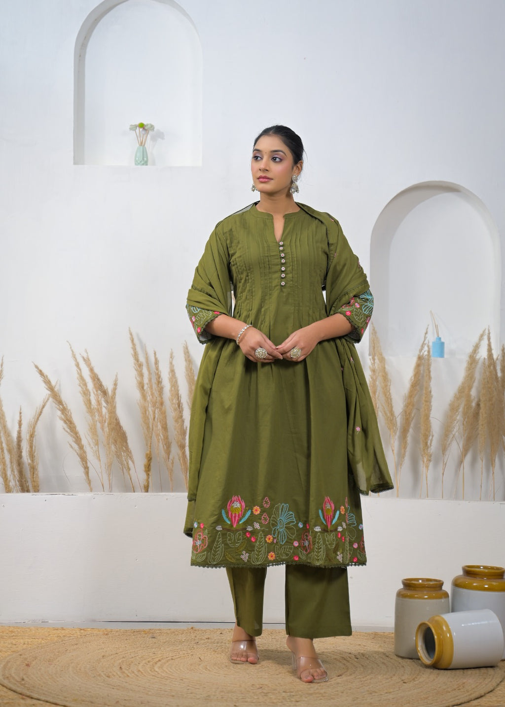 Embroidered A-Line Kurta Pant Dupatta Set