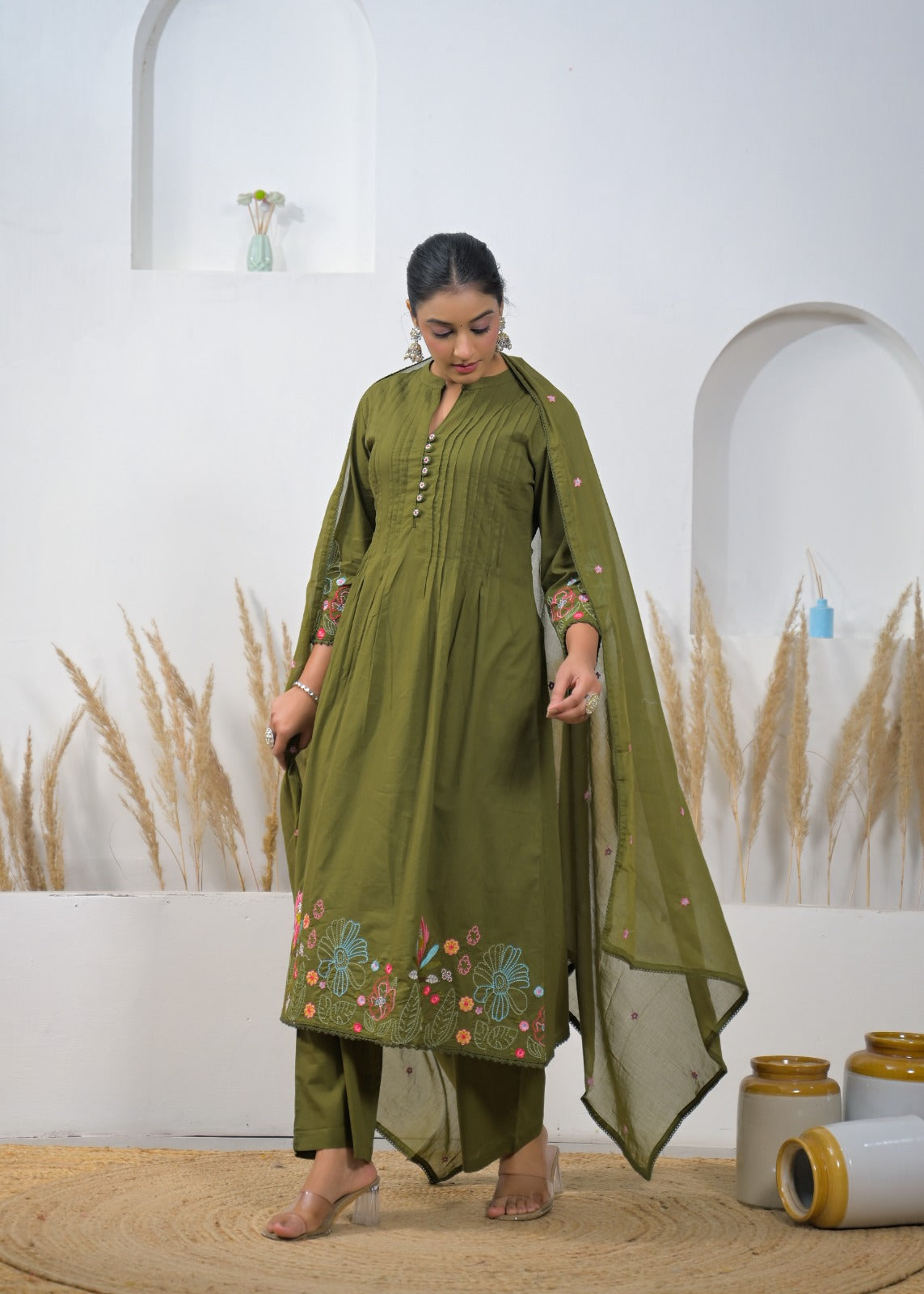 Embroidered A-Line Kurta Pant Dupatta Set