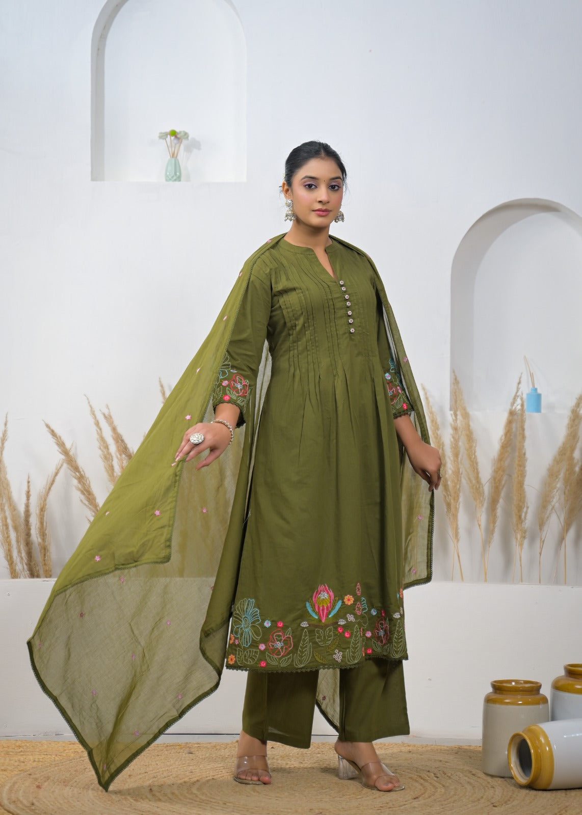 Embroidered A-Line Kurta Pant Dupatta Set