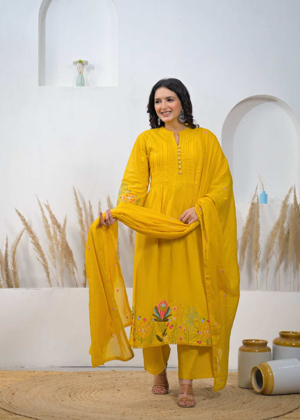 Embroidered A-Line Kurta Pant Dupatta Set