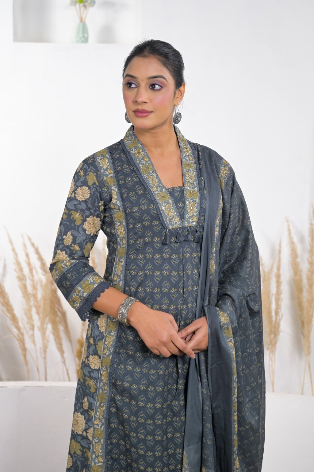 Floral Printed Anarkali Kurta Pant Dupatta Set