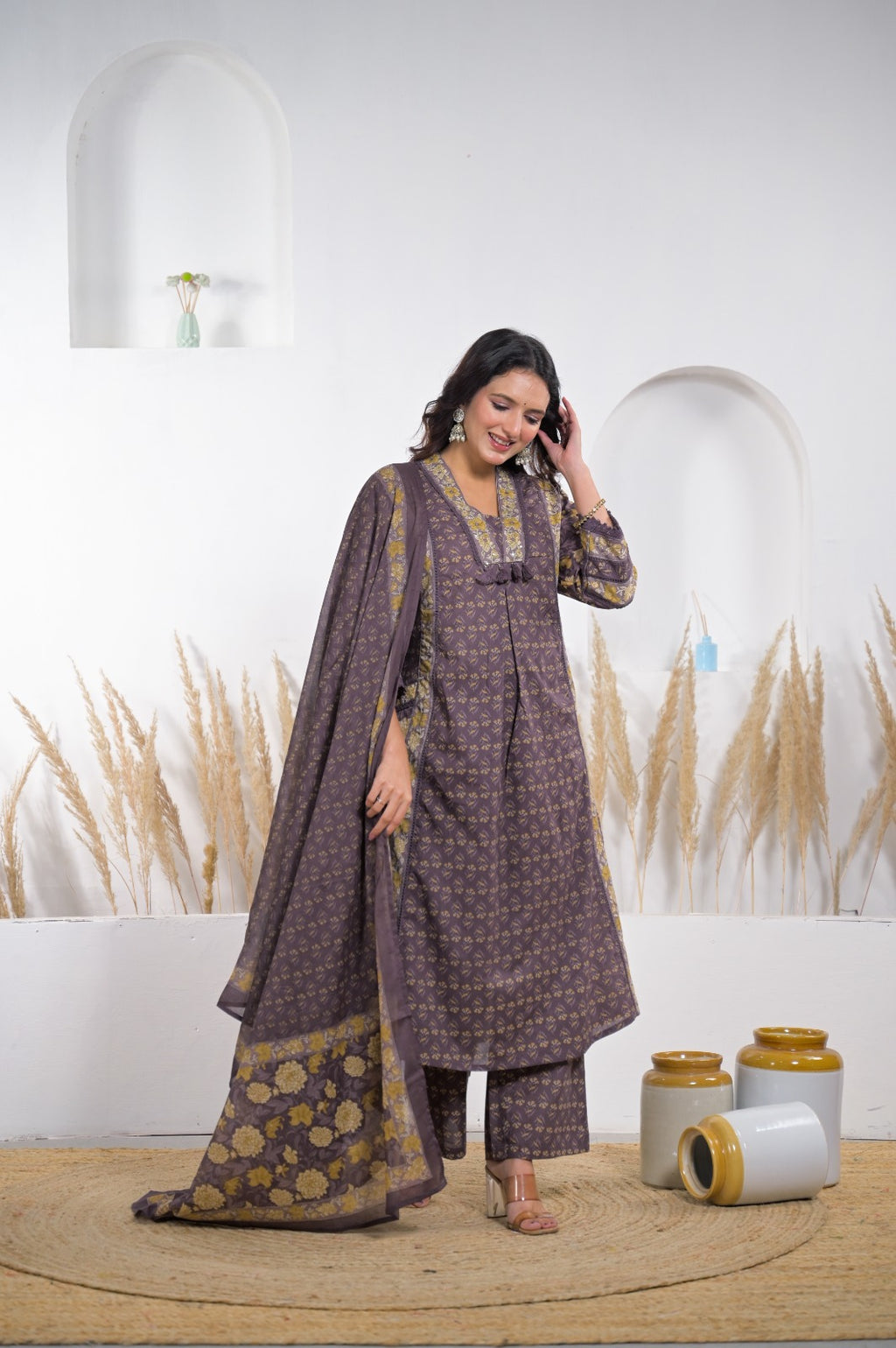 Floral Printed Anarkali Kurta Pant Dupatta Set