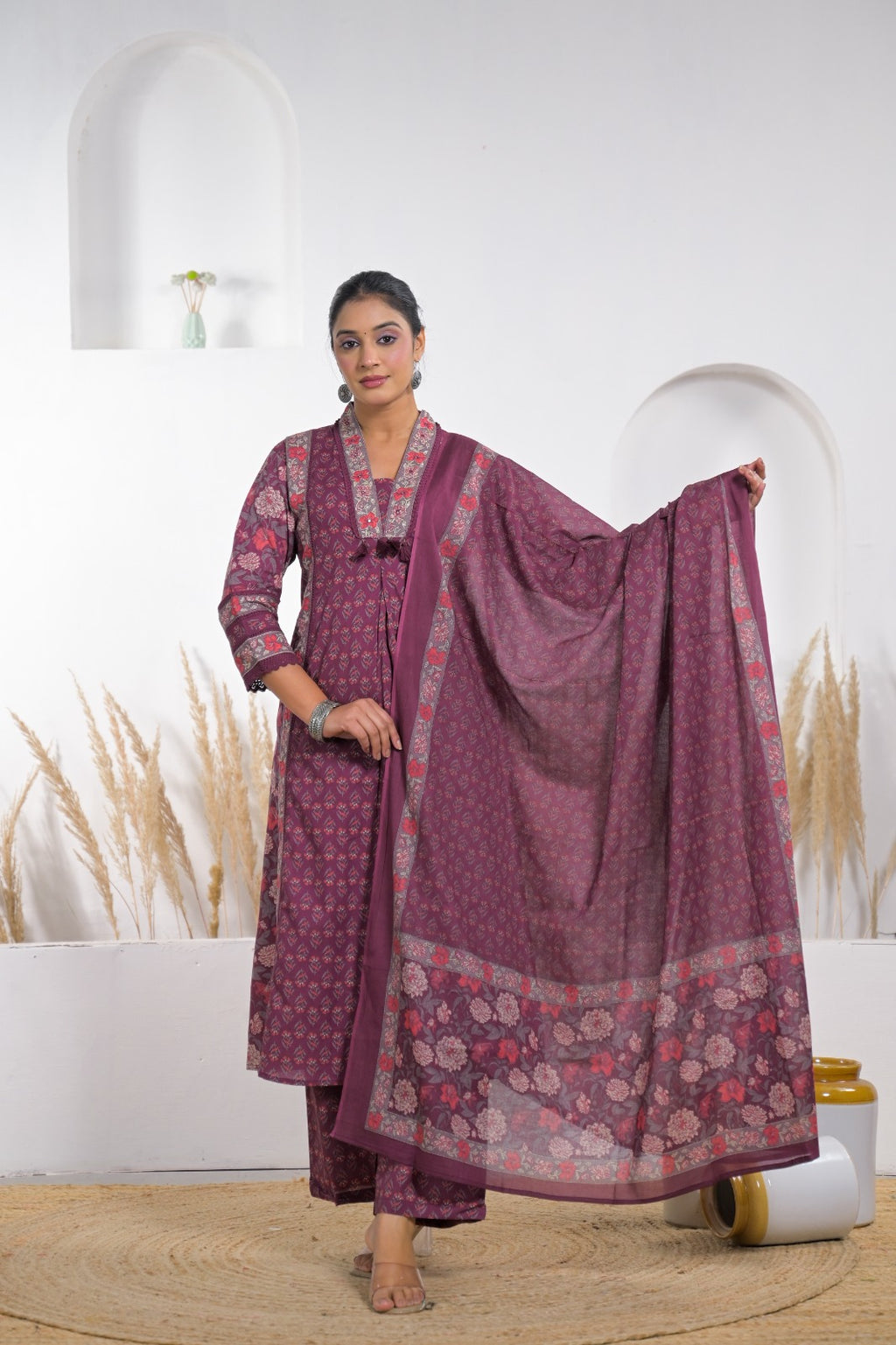 Floral Printed Anarkali Kurta Pant Dupatta Set