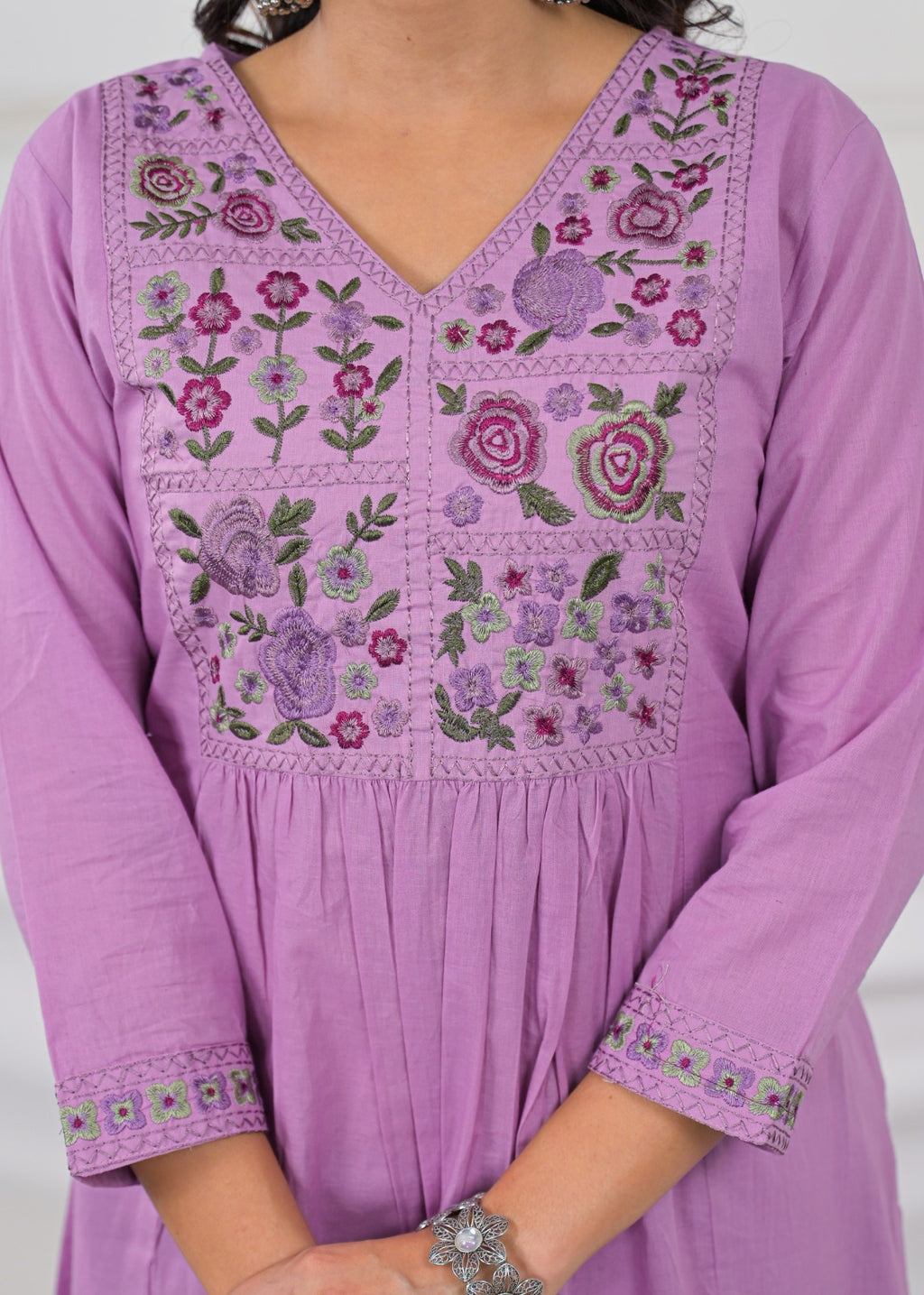 Pastel Lavender Embroidered Anarkali Kurta Pant Dupatta Set
