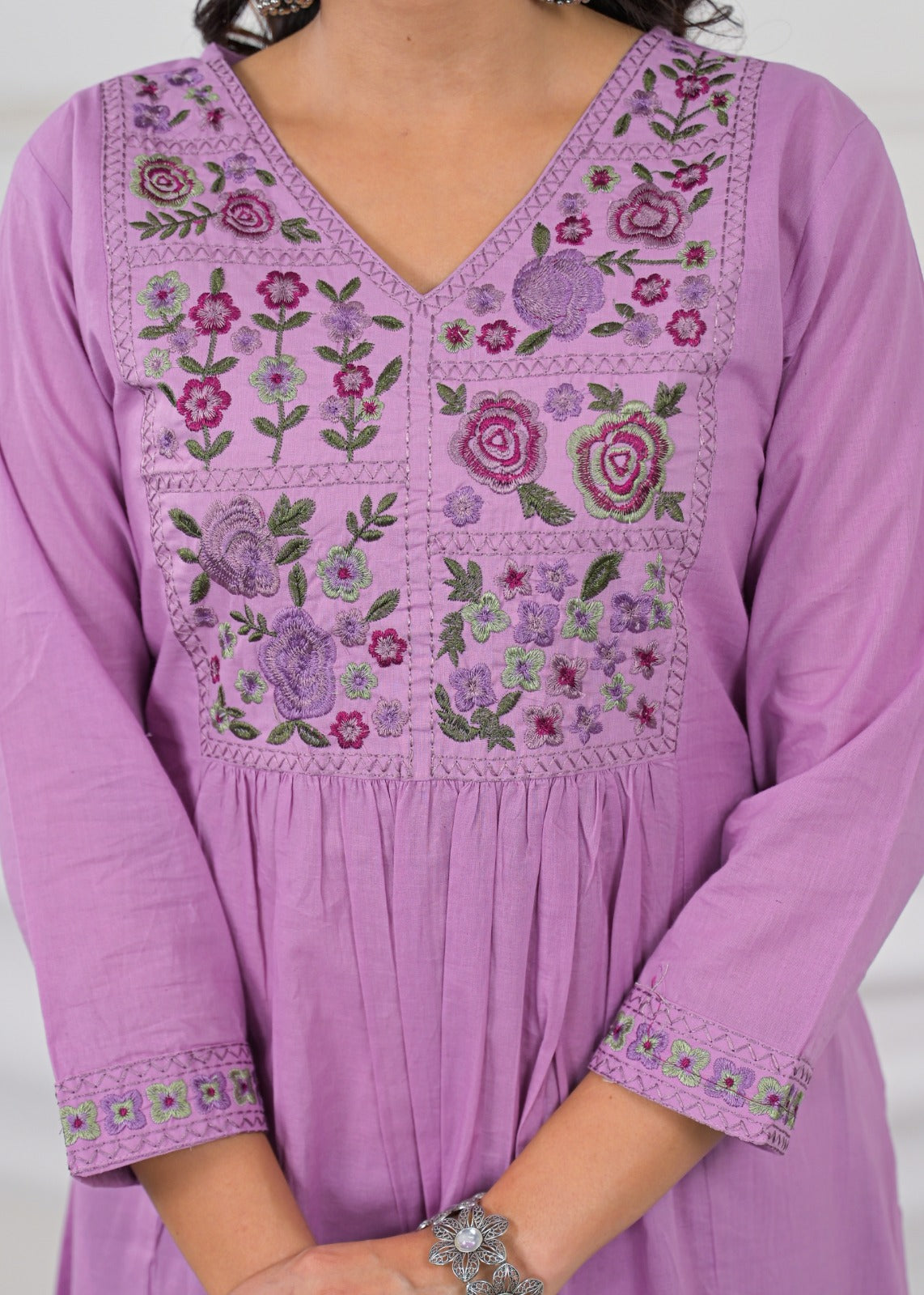 Pastel Lavender Embroidered Anarkali Kurta Pant Dupatta Set