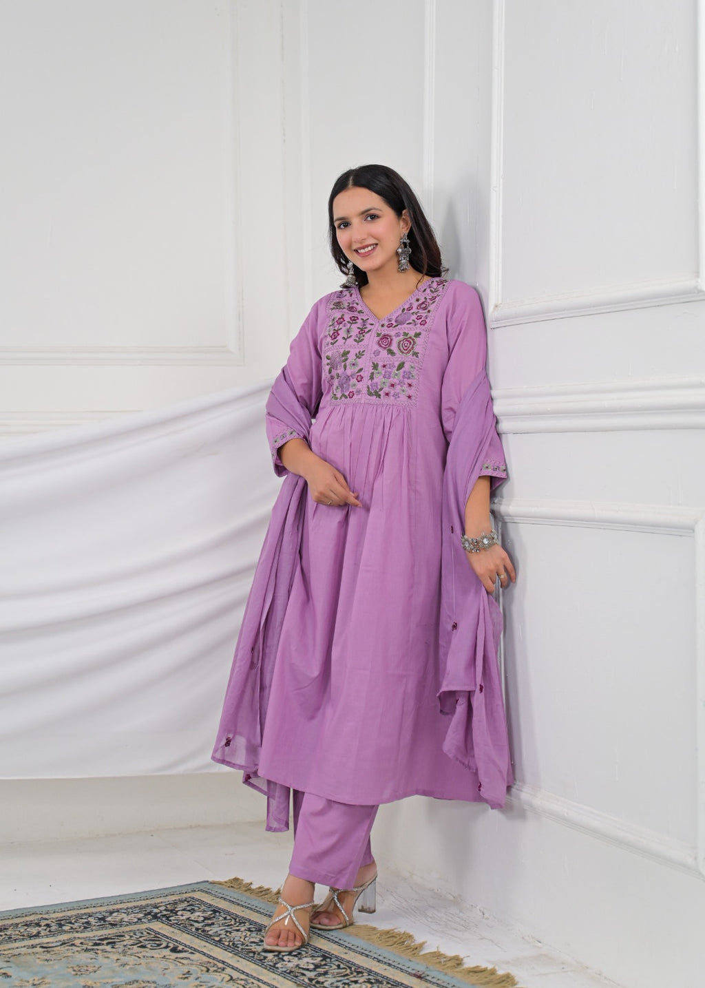 Pastel Lavender Embroidered Anarkali Kurta Pant Dupatta Set