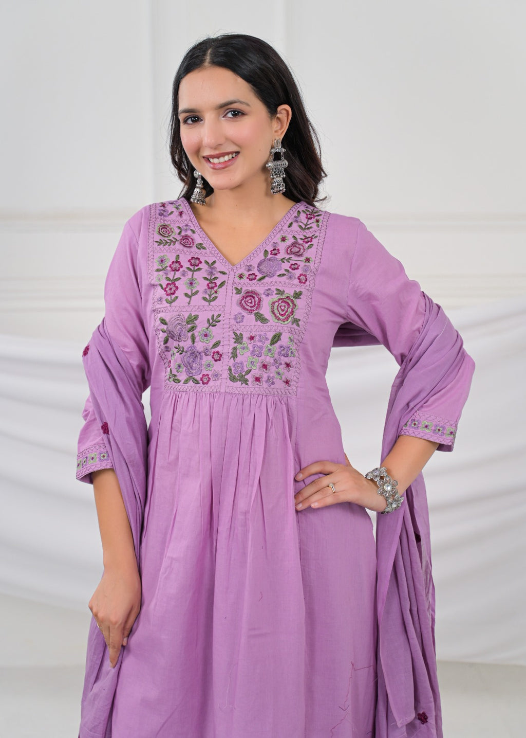 Pastel Lavender Embroidered Anarkali Kurta Pant Dupatta Set