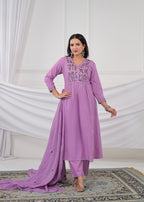 Pastel Lavender Embroidered Anarkali Kurta Pant Dupatta Set