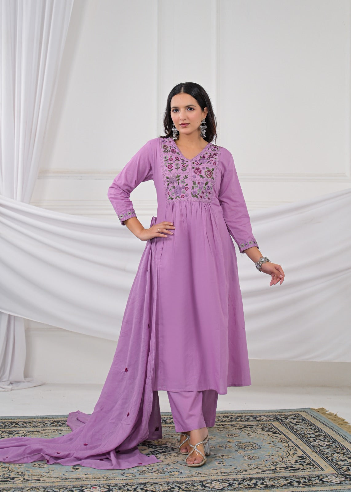 Pastel Lavender Embroidered Anarkali Kurta Pant Dupatta Set