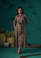 Floral Printed Shirt-Style Flared Midi Dress