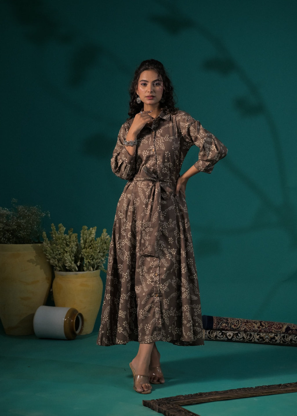 Floral Printed Shirt-Style Flared Midi Dress