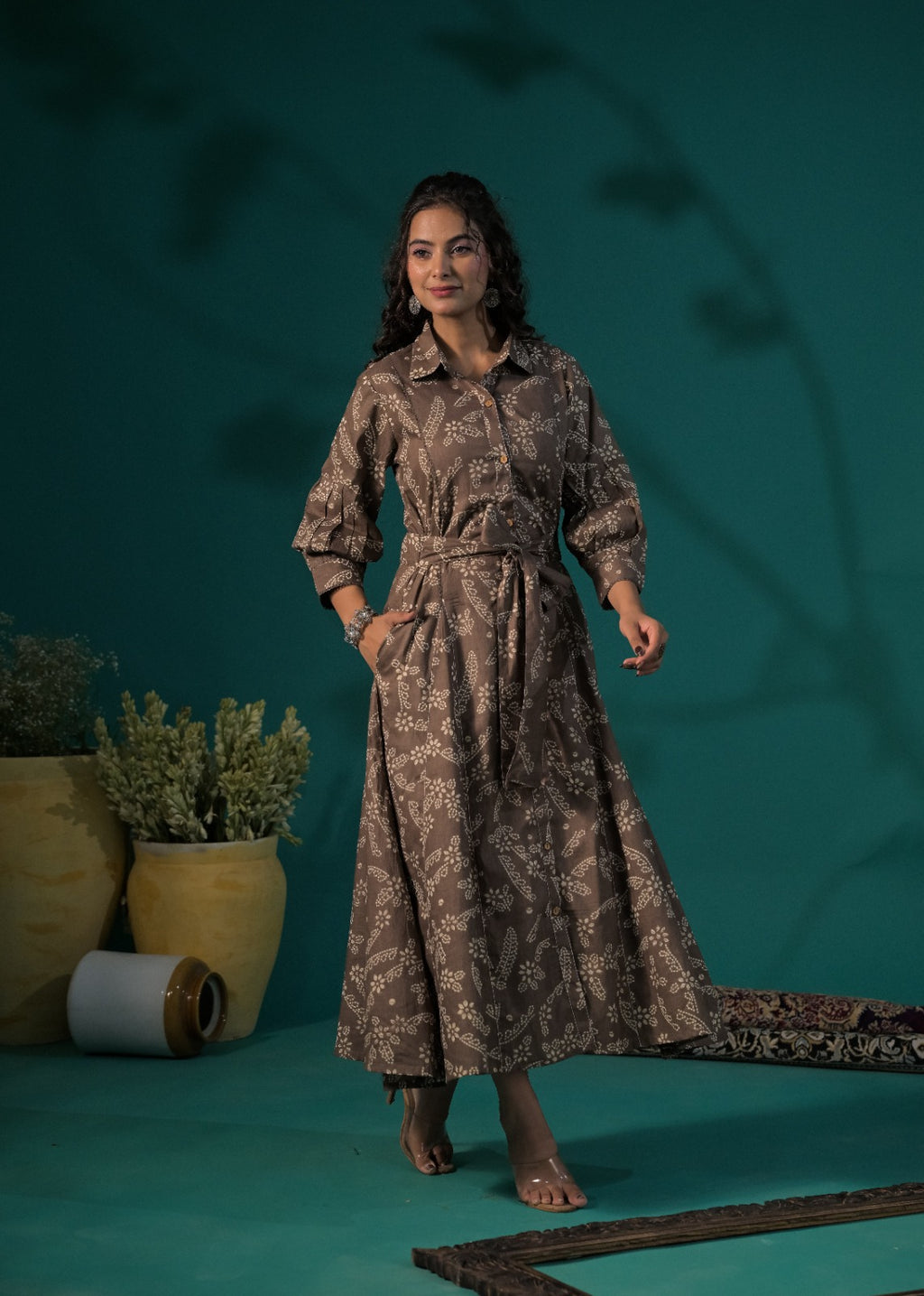 Floral Printed Shirt-Style Flared Midi Dress